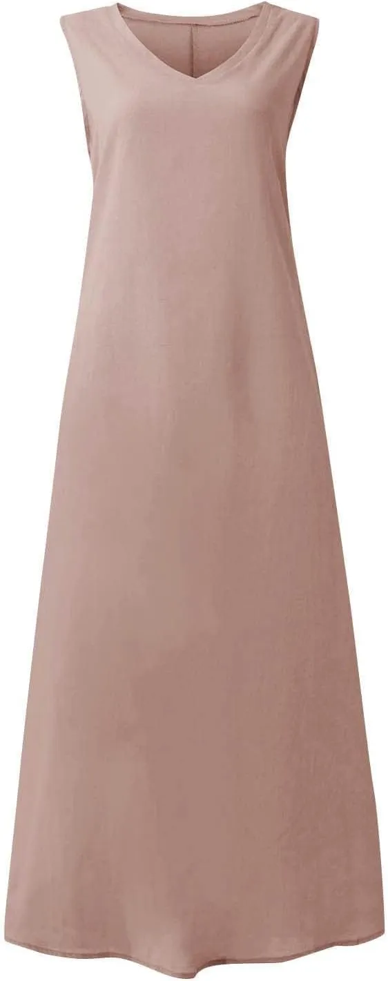 Geleglaer Linen Dresses for Womens Sleeveless Linen Dress Casual Cotton Tank Maxi Dress 2024 Summer Dress