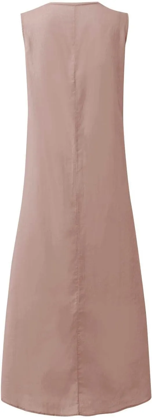 Geleglaer Linen Dresses for Womens Sleeveless Linen Dress Casual Cotton Tank Maxi Dress 2024 Summer Dress