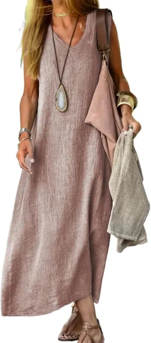 Geleglaer Linen Dresses for Womens Sleeveless Linen Dress Casual Cotton Tank Maxi Dress 2024 Summer Dress