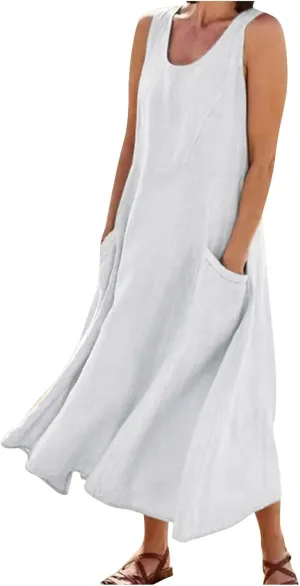 Geleglaer Linen Dresses for Womens Sleeveless Linen Dress Casual Cotton Tank Maxi Dress 2024 Summer Dress