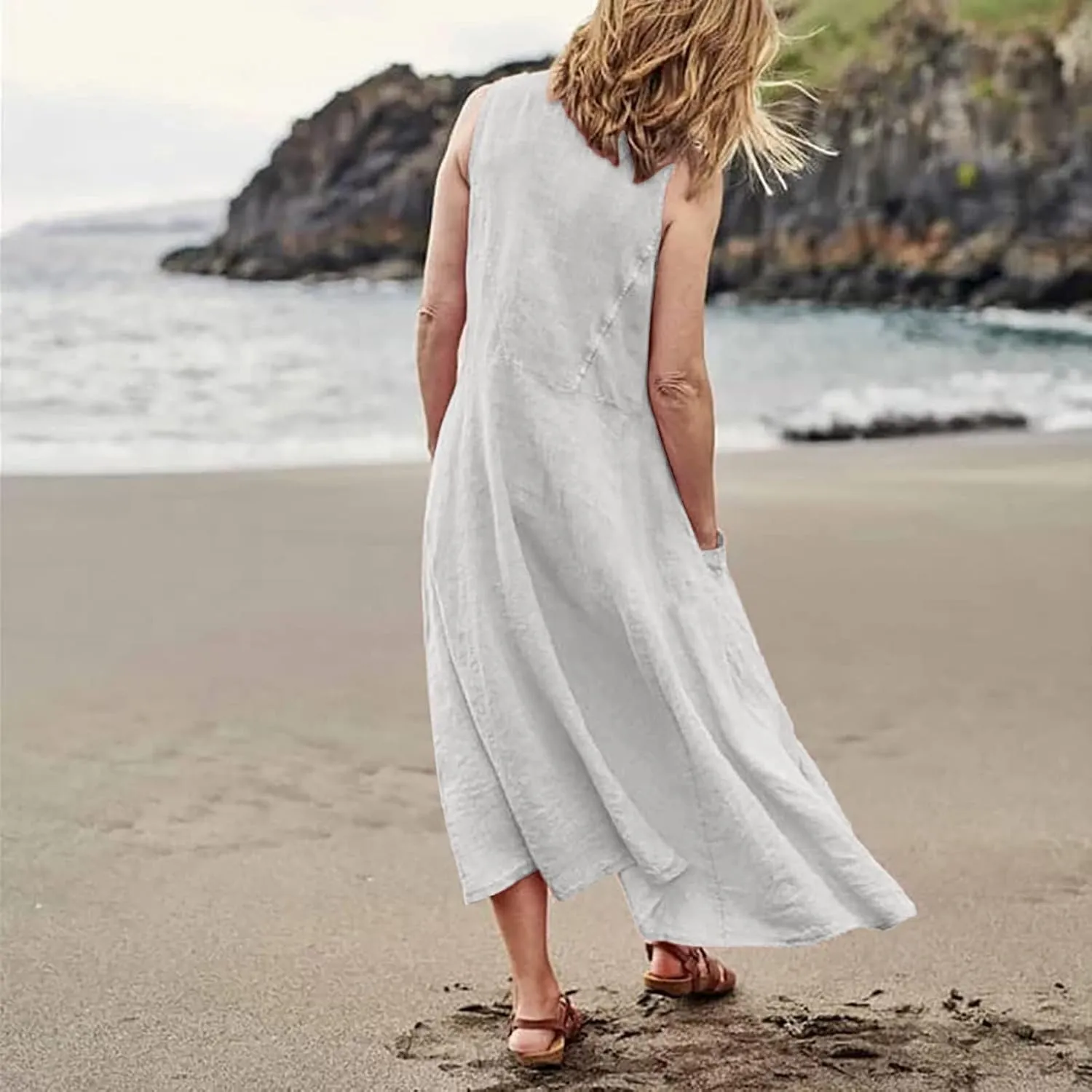Geleglaer Linen Dresses for Womens Sleeveless Linen Dress Casual Cotton Tank Maxi Dress 2024 Summer Dress