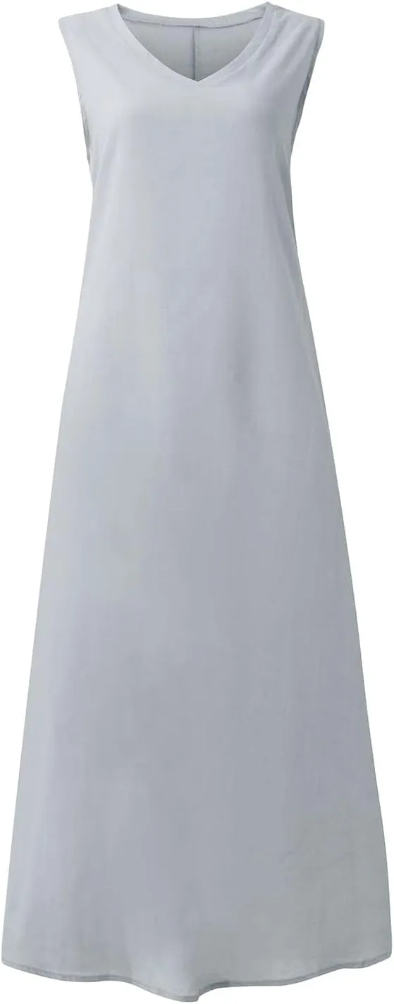 Geleglaer Linen Dresses for Womens Sleeveless Linen Dress Casual Cotton Tank Maxi Dress 2024 Summer Dress