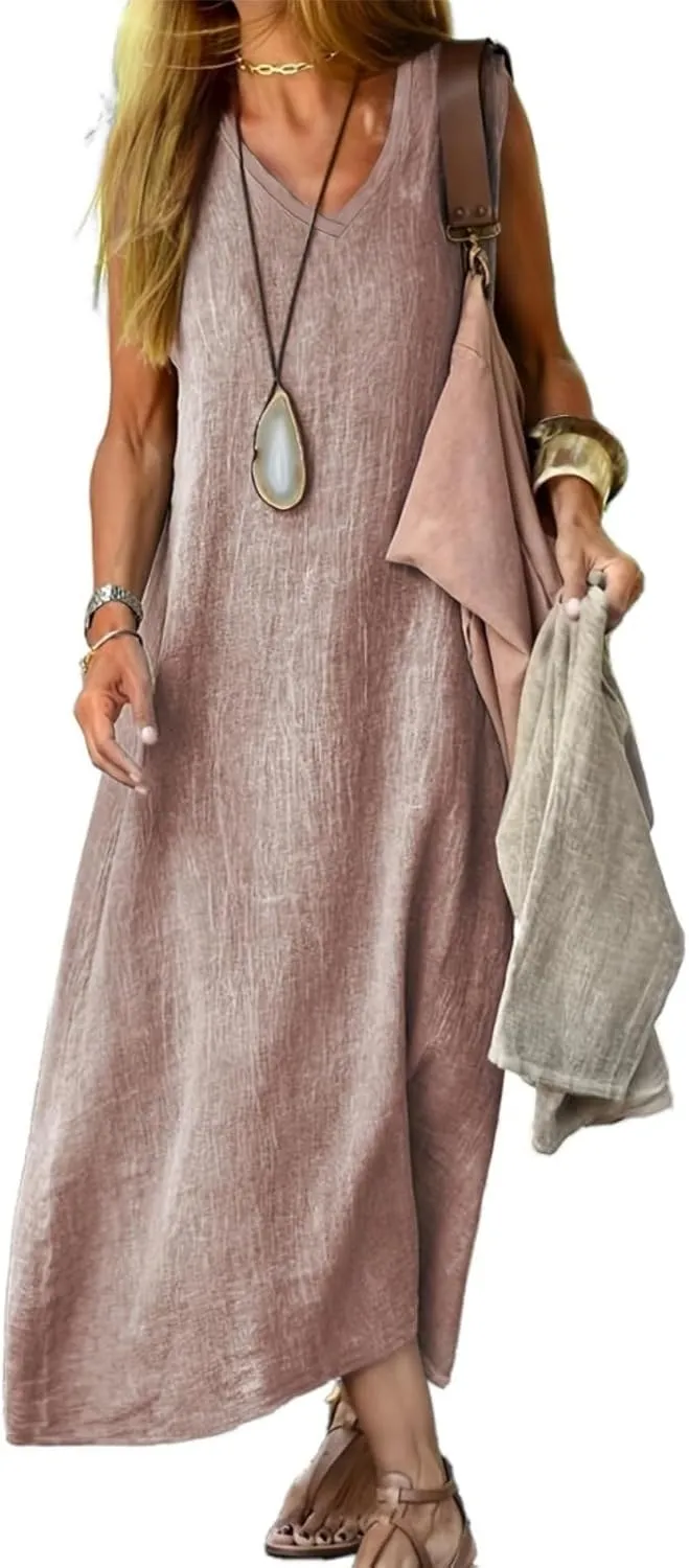 Geleglaer Linen Dresses for Womens Sleeveless Linen Dress Casual Cotton Tank Maxi Dress 2024 Summer Dress