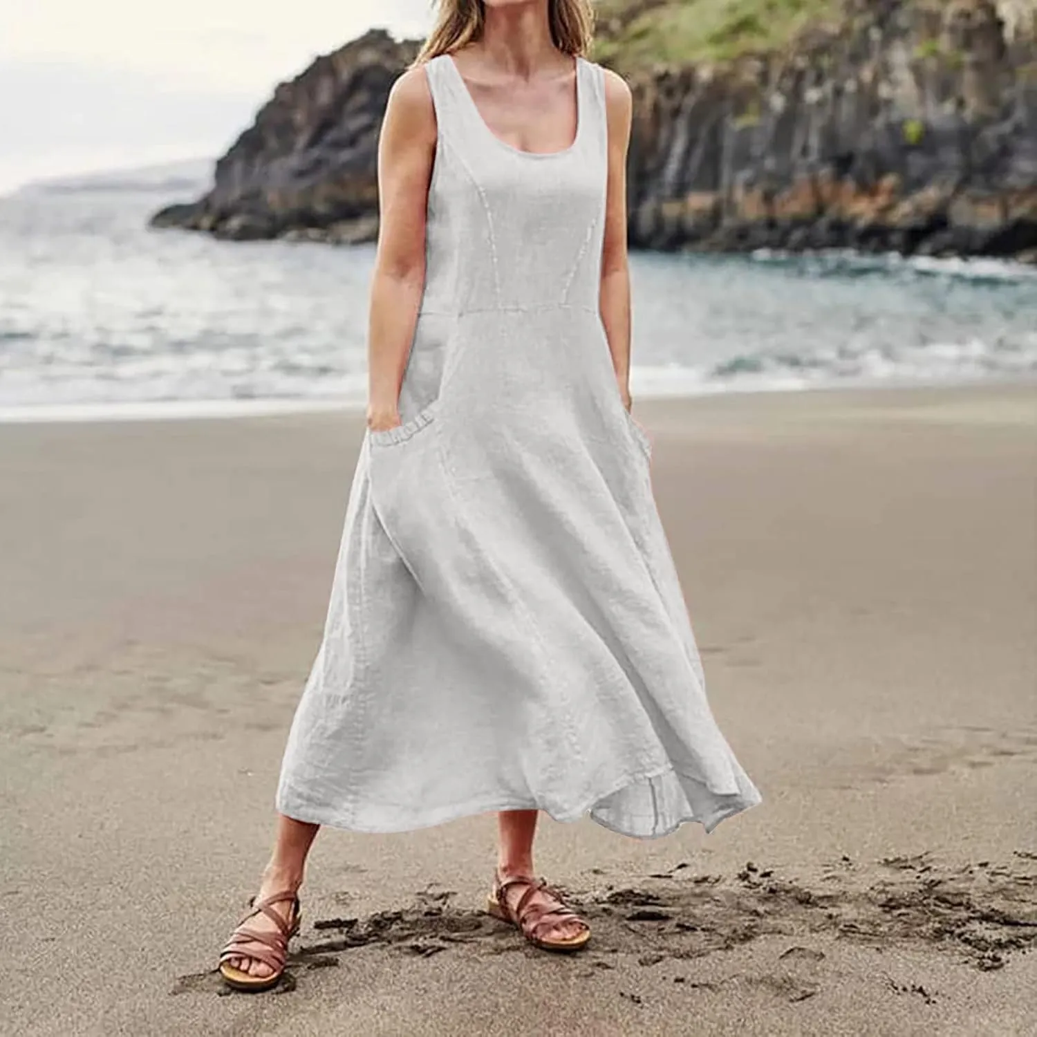Geleglaer Linen Dresses for Womens Sleeveless Linen Dress Casual Cotton Tank Maxi Dress 2024 Summer Dress