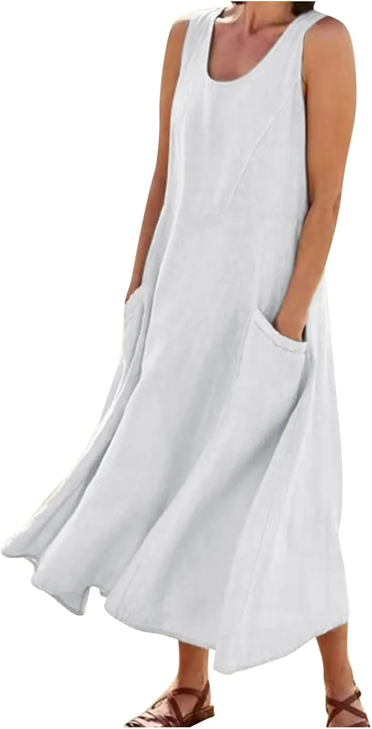Geleglaer Linen Dresses for Womens Sleeveless Linen Dress Casual Cotton Tank Maxi Dress 2024 Summer Dress