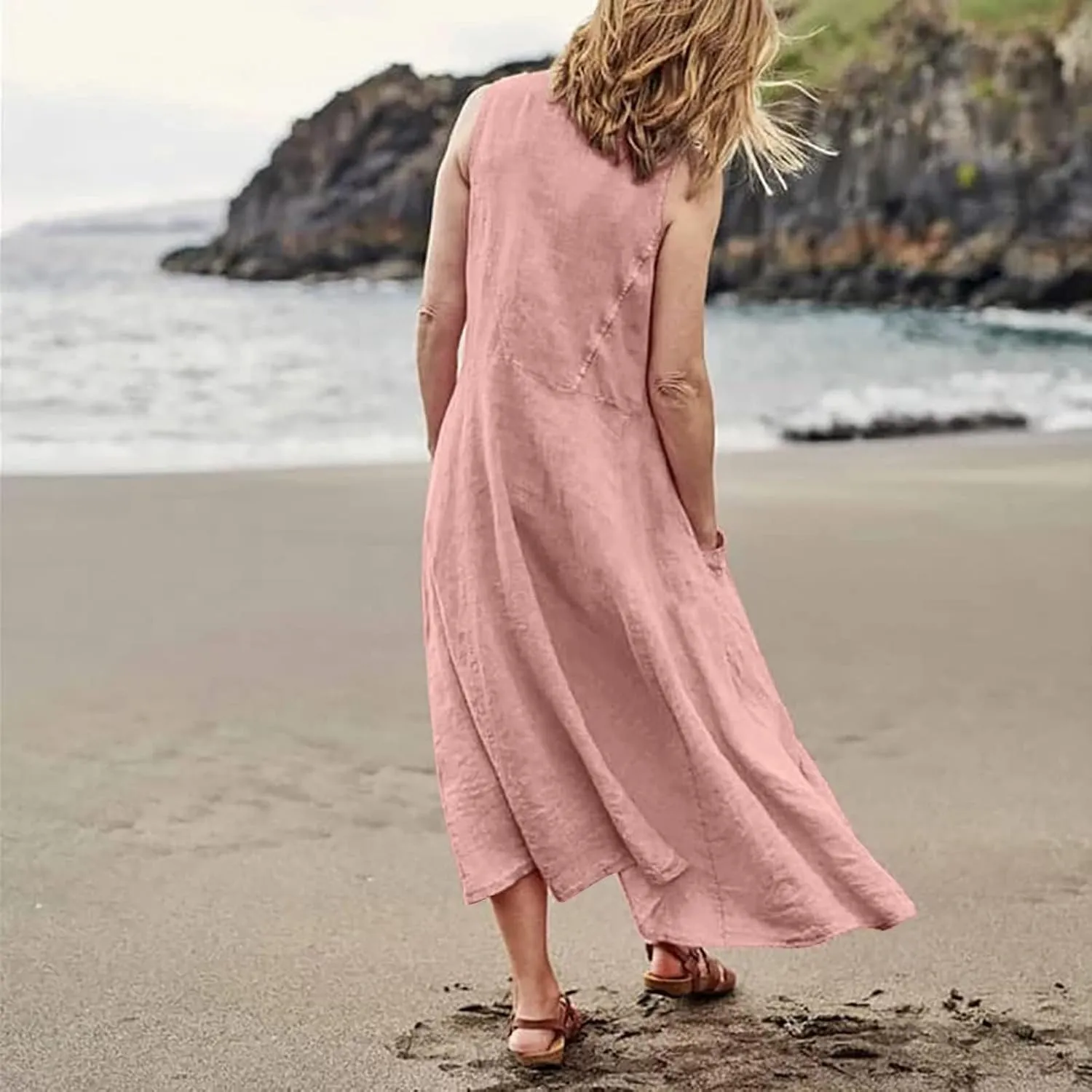 Geleglaer Linen Dresses for Womens Sleeveless Linen Dress Casual Cotton Tank Maxi Dress 2024 Summer Dress