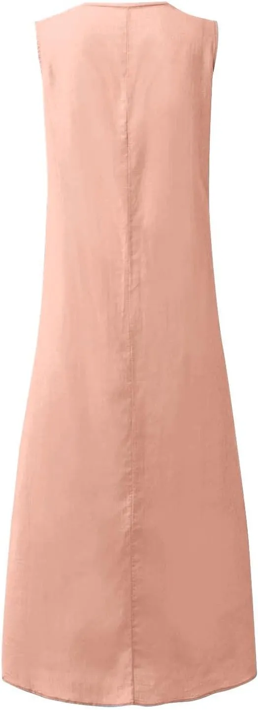 Geleglaer Linen Dresses for Womens Sleeveless Linen Dress Casual Cotton Tank Maxi Dress 2024 Summer Dress