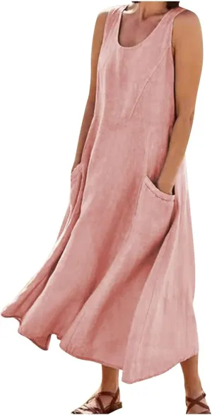 Geleglaer Linen Dresses for Womens Sleeveless Linen Dress Casual Cotton Tank Maxi Dress 2024 Summer Dress