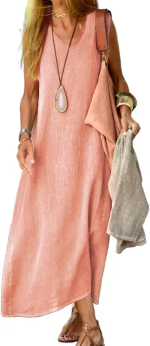 Geleglaer Linen Dresses for Womens Sleeveless Linen Dress Casual Cotton Tank Maxi Dress 2024 Summer Dress