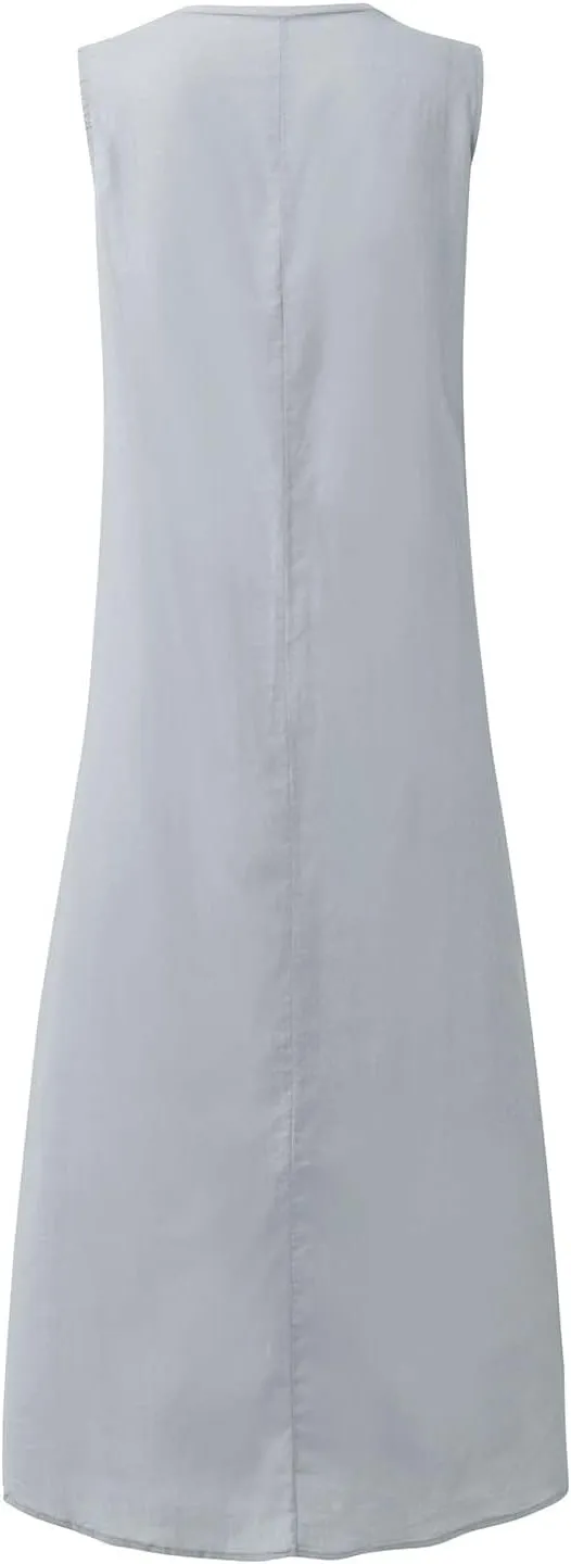 Geleglaer Linen Dresses for Womens Sleeveless Linen Dress Casual Cotton Tank Maxi Dress 2024 Summer Dress