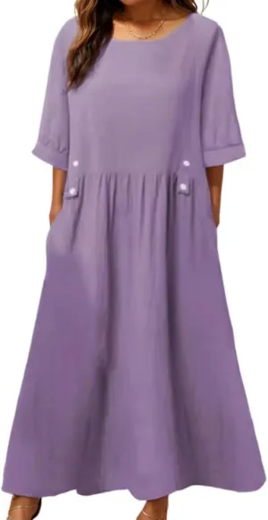 Geleglaer Women's Casual Loose Half Sleeve Cotton Linen Midi Dress Summer Side Button Beach Sundresses for Women 2025