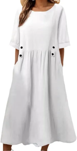 Geleglaer Women's Casual Loose Half Sleeve Cotton Linen Midi Dress Summer Side Button Beach Sundresses for Women 2025
