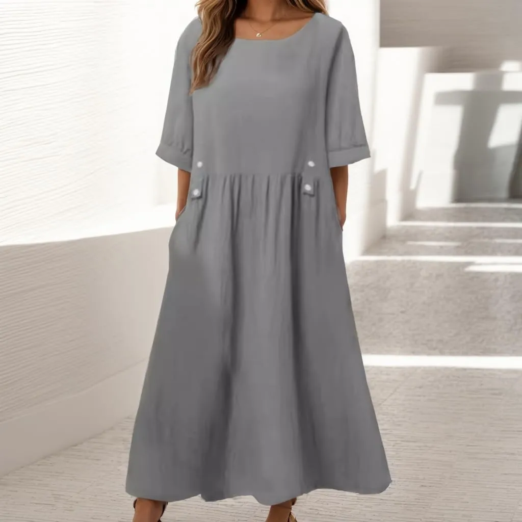 Geleglaer Women's Casual Loose Half Sleeve Cotton Linen Midi Dress Summer Side Button Beach Sundresses for Women 2025