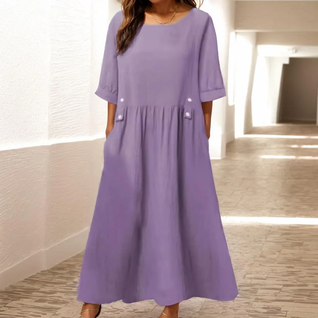 Geleglaer Women's Casual Loose Half Sleeve Cotton Linen Midi Dress Summer Side Button Beach Sundresses for Women 2025