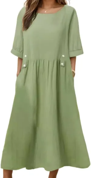 Geleglaer Women's Casual Loose Half Sleeve Cotton Linen Midi Dress Summer Side Button Beach Sundresses for Women 2025