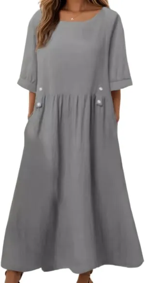 Geleglaer Women's Casual Loose Half Sleeve Cotton Linen Midi Dress Summer Side Button Beach Sundresses for Women 2025