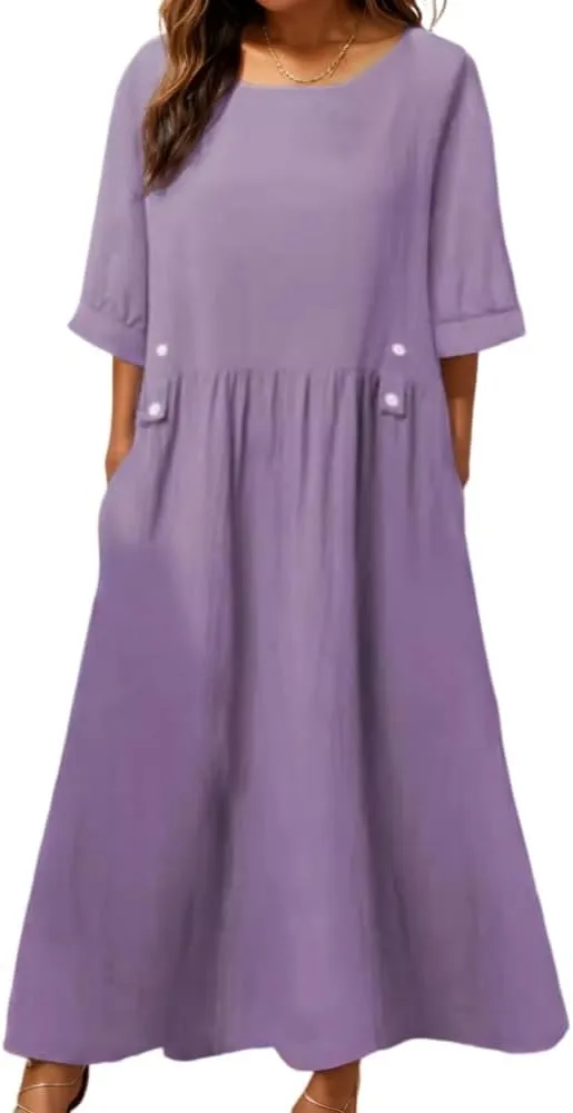 Geleglaer Women's Casual Loose Half Sleeve Cotton Linen Midi Dress Summer Side Button Beach Sundresses for Women 2025