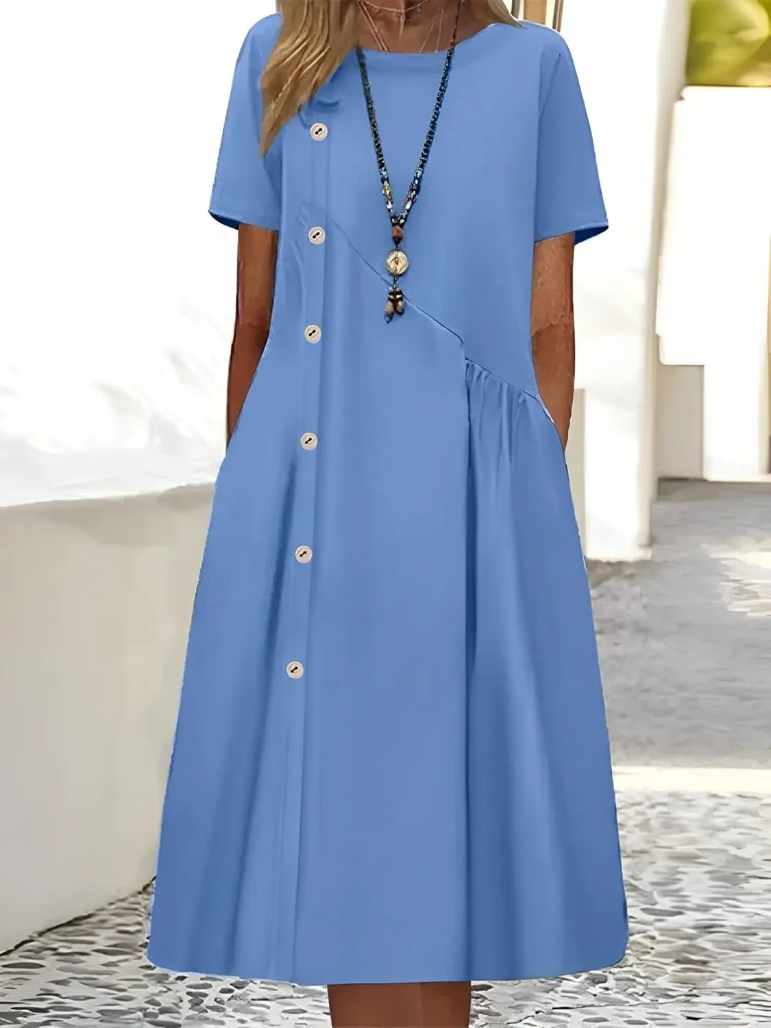 Geleglaer Women's Casual Loose Half Sleeve Cotton Linen Midi Dress Summer Side Button Beach Sundresses for Women 2025