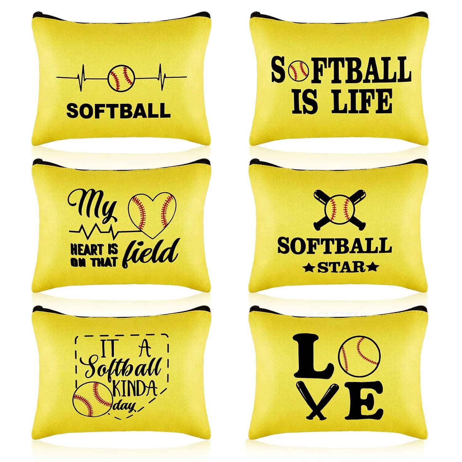 Gerrii 6 Pcs Softball Team Gifts Cute Canvas Softball Makeup Bag Cosmetic Bag with Zipper Sport Portable Travel Makeup Organizer Favor Accessories for Women Girls Daughter Player