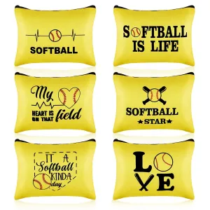 Gerrii 6 Pcs Softball Team Gifts Cute Canvas Softball Makeup Bag Cosmetic Bag with Zipper Sport Portable Travel Makeup Organizer Favor Accessories for Women Girls Daughter Player