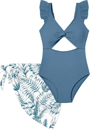 Girls One Piece Swimsuit Cut Out Ruffle Bathing Suit Twist V Neck Swimwear Solid Color with Cover Up Skirt 7-18T