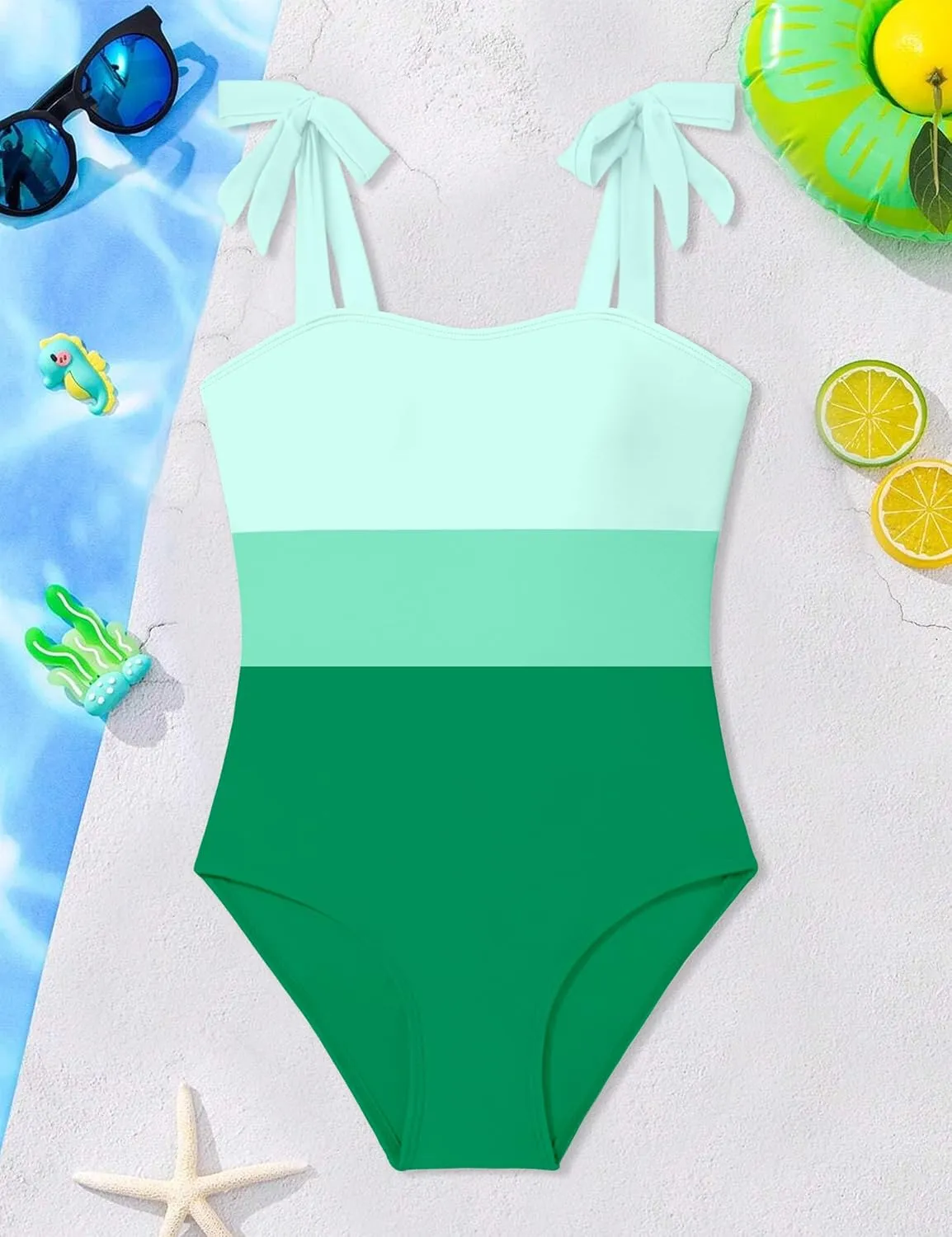 Girls Swimsuit One Piece Casual Color-Block Adjustable Straps Girls Bathing Suit Swimwear 9-16T