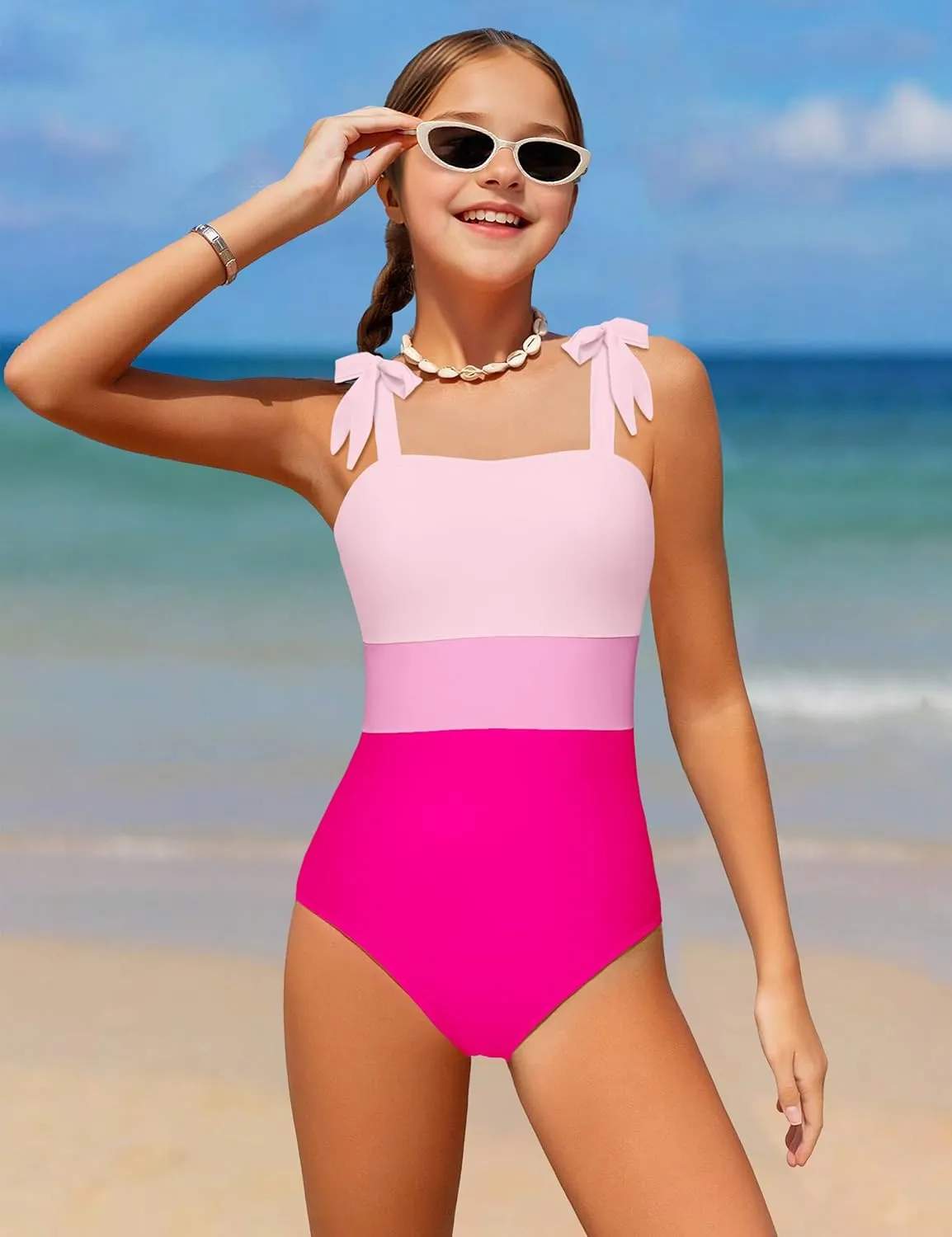 Girls Swimsuit One Piece Casual Color-Block Adjustable Straps Girls Bathing Suit Swimwear 9-16T