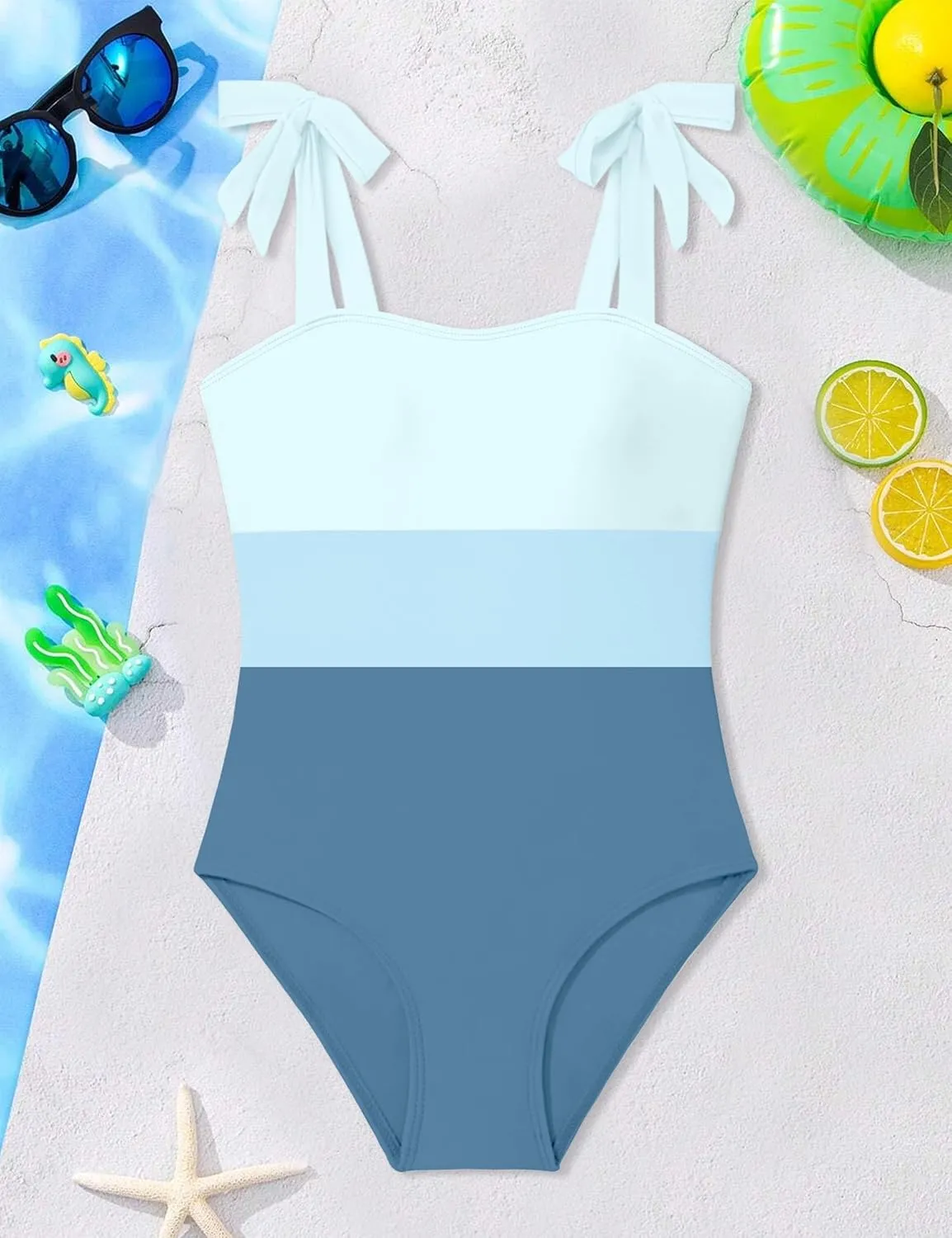 Girls Swimsuit One Piece Casual Color-Block Adjustable Straps Girls Bathing Suit Swimwear 9-16T