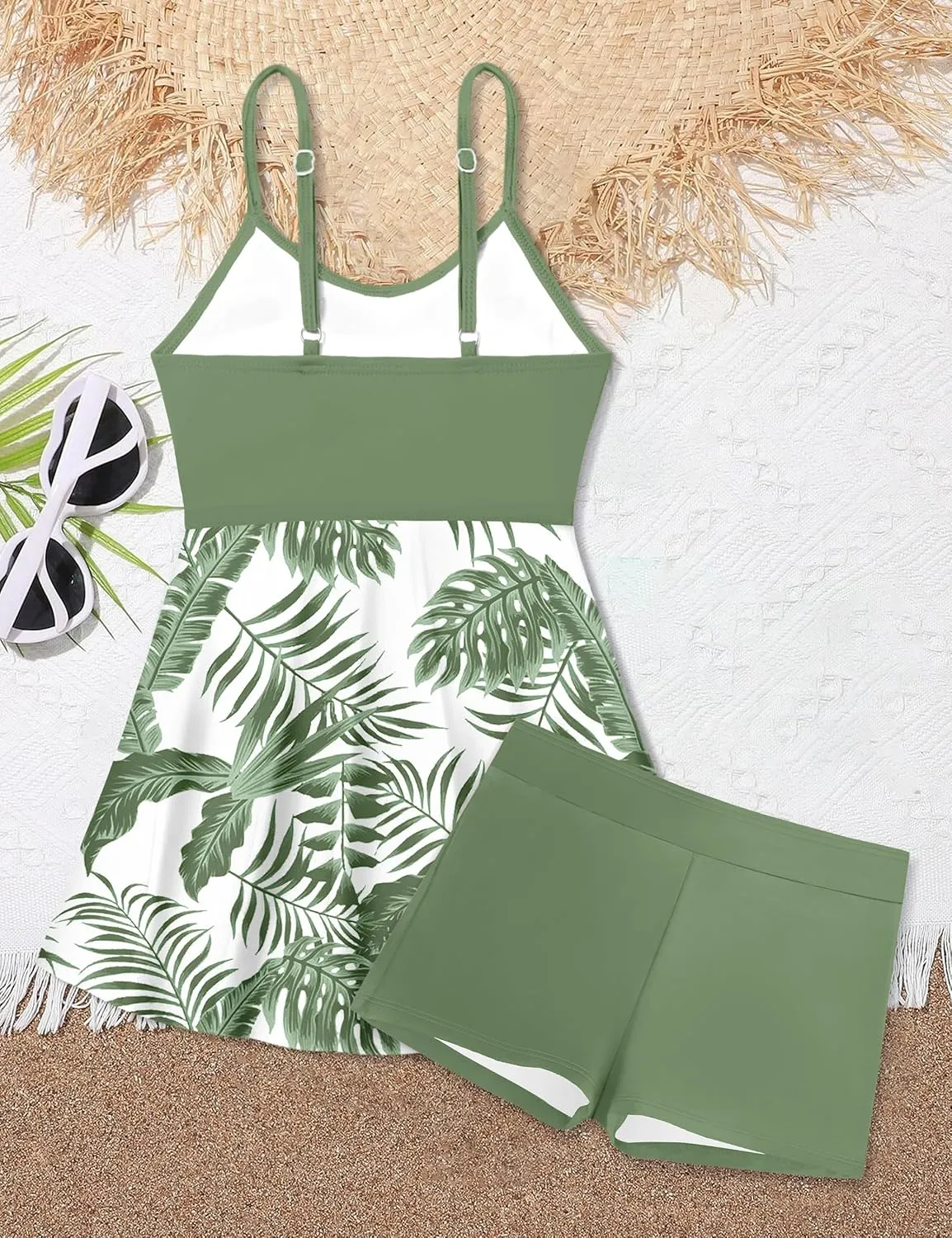 Girls Swimsuits Criss Cross Tropical Print Mesh Dress Bathing Suits with Shorts 2 Piece Tankini for Teens