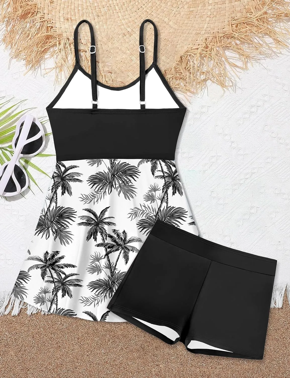Girls Swimsuits Criss Cross Tropical Print Mesh Dress Bathing Suits with Shorts 2 Piece Tankini for Teens