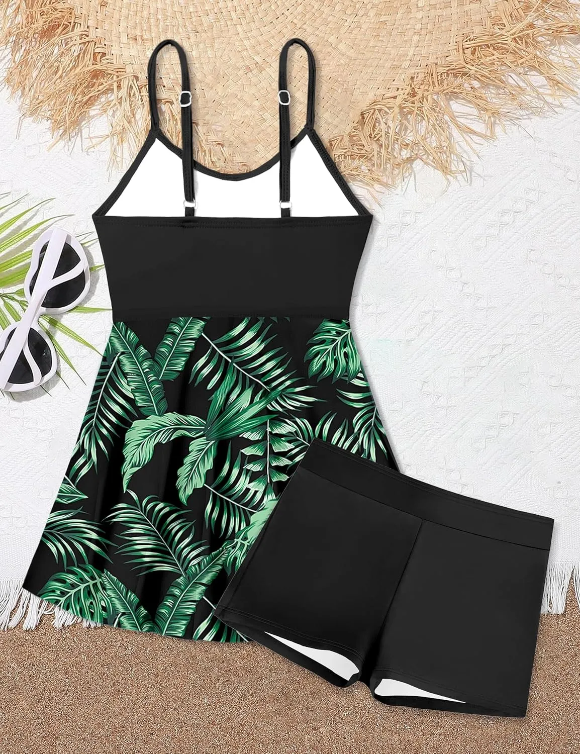 Girls Swimsuits Criss Cross Tropical Print Mesh Dress Bathing Suits with Shorts 2 Piece Tankini for Teens