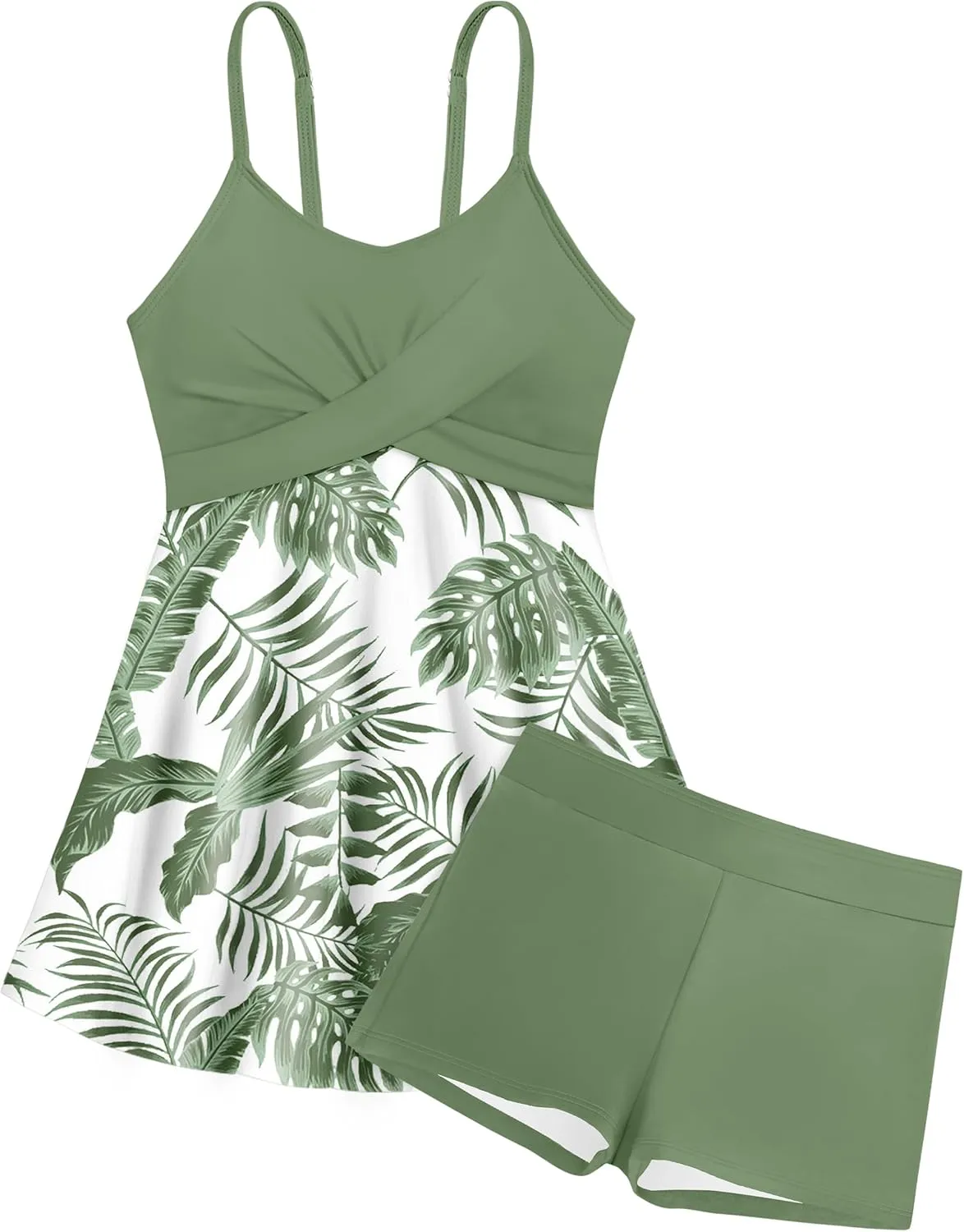 Girls Swimsuits Criss Cross Tropical Print Mesh Dress Bathing Suits with Shorts 2 Piece Tankini for Teens