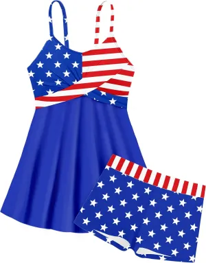 Girls Swimsuits Criss Cross Tropical Print Mesh Dress Bathing Suits with Shorts 2 Piece Tankini for Teens