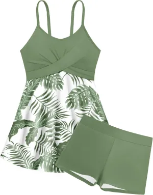 Girls Swimsuits Criss Cross Tropical Print Mesh Dress Bathing Suits with Shorts 2 Piece Tankini for Teens