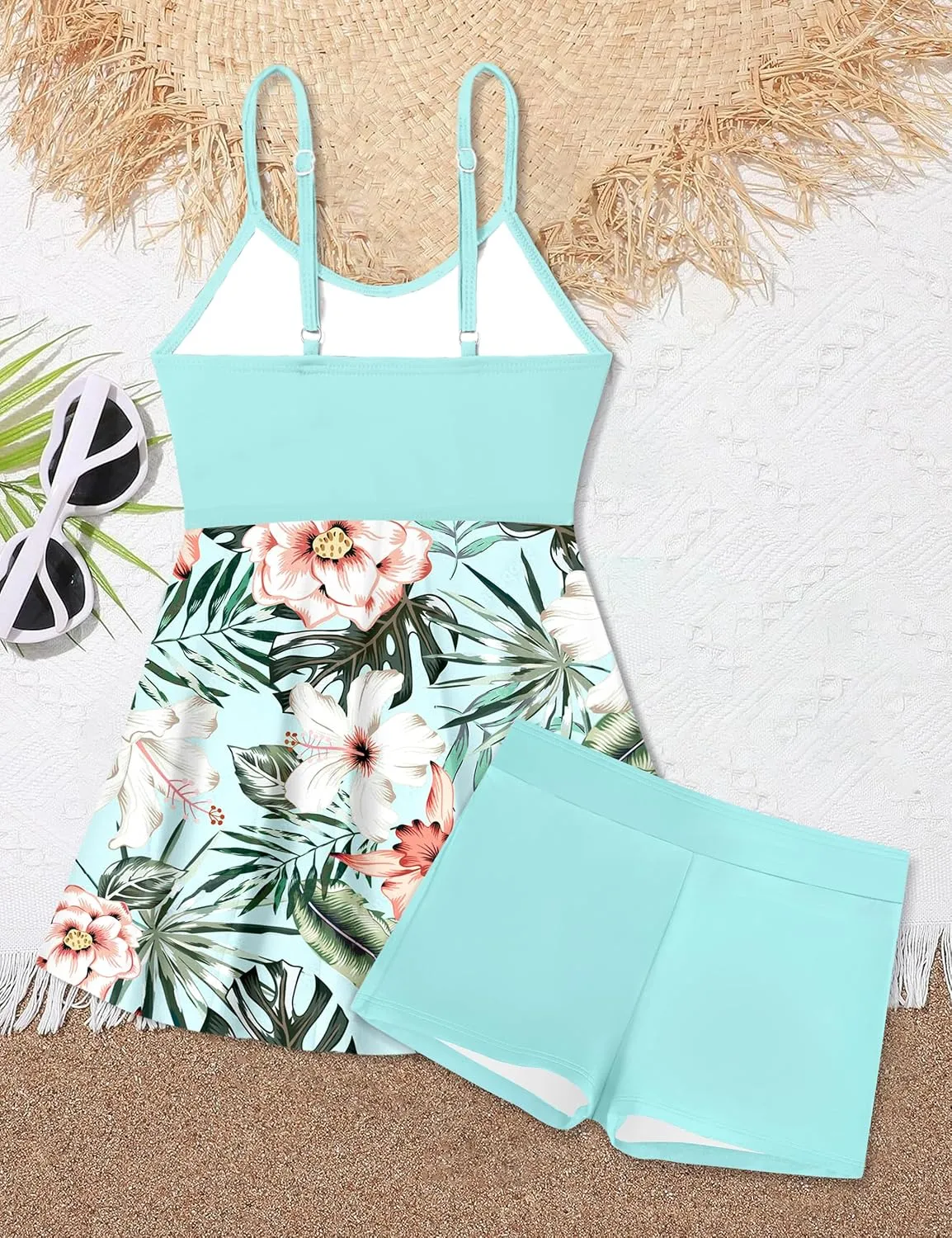 Girls Swimsuits Criss Cross Tropical Print Mesh Dress Bathing Suits with Shorts 2 Piece Tankini for Teens
