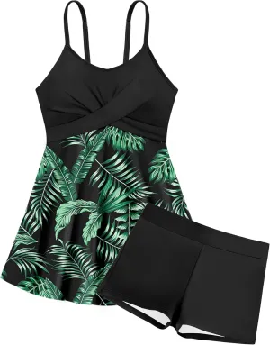 Girls Swimsuits Criss Cross Tropical Print Mesh Dress Bathing Suits with Shorts 2 Piece Tankini for Teens