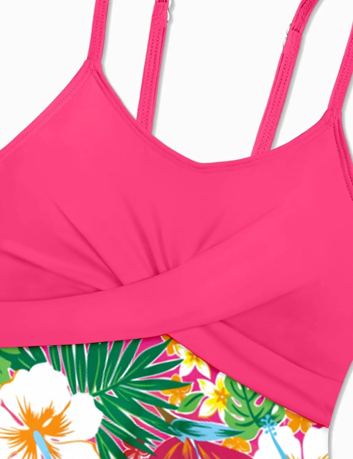 Girls Swimsuits Criss Cross Tropical Print Mesh Dress Bathing Suits with Shorts 2 Piece Tankini for Teens