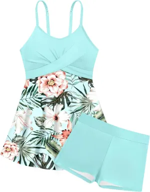 Girls Swimsuits Criss Cross Tropical Print Mesh Dress Bathing Suits with Shorts 2 Piece Tankini for Teens