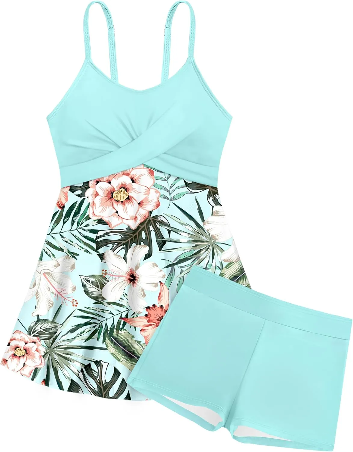 Girls Swimsuits Criss Cross Tropical Print Mesh Dress Bathing Suits with Shorts 2 Piece Tankini for Teens