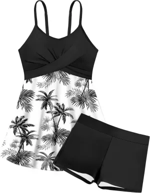 Girls Swimsuits Criss Cross Tropical Print Mesh Dress Bathing Suits with Shorts 2 Piece Tankini for Teens
