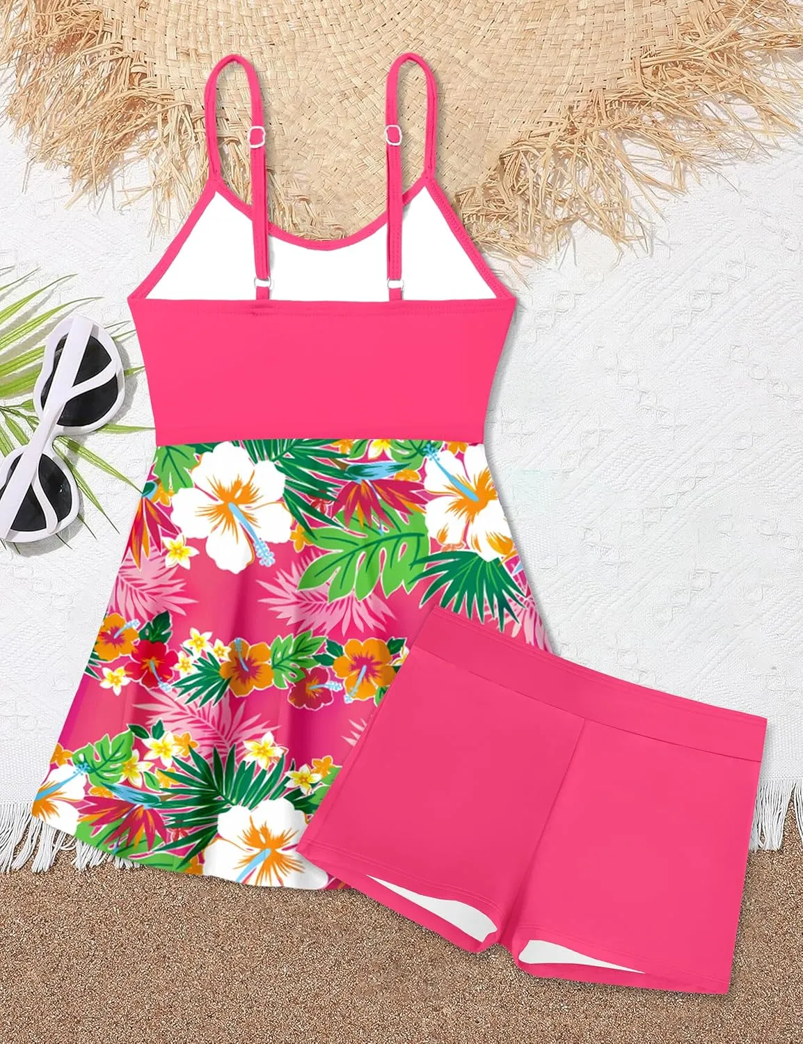 Girls Swimsuits Criss Cross Tropical Print Mesh Dress Bathing Suits with Shorts 2 Piece Tankini for Teens