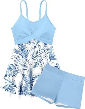 Girls Swimsuits Criss Cross Tropical Print Mesh Dress Bathing Suits with Shorts 2 Piece Tankini for Teens