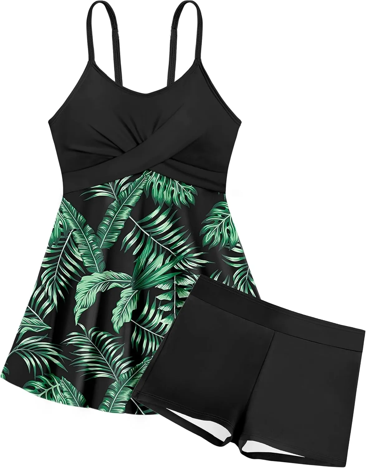 Girls Swimsuits Criss Cross Tropical Print Mesh Dress Bathing Suits with Shorts 2 Piece Tankini for Teens