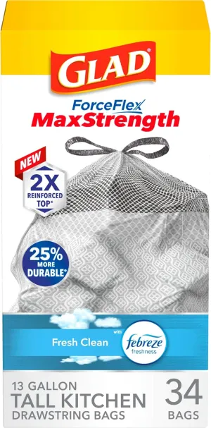 Glad ForceFlex MaxStrength Kitchen Drawstring Trash Bags, 13 Gal, Fresh Clean, 34 Ct, Pack May Vary