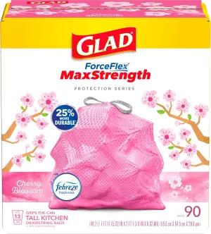 Glad ForceFlex MaxStrength Tall Kitchen Trash Bags, 13 Gal, Cherry Blossom, 90 Ct, Pack May Vary