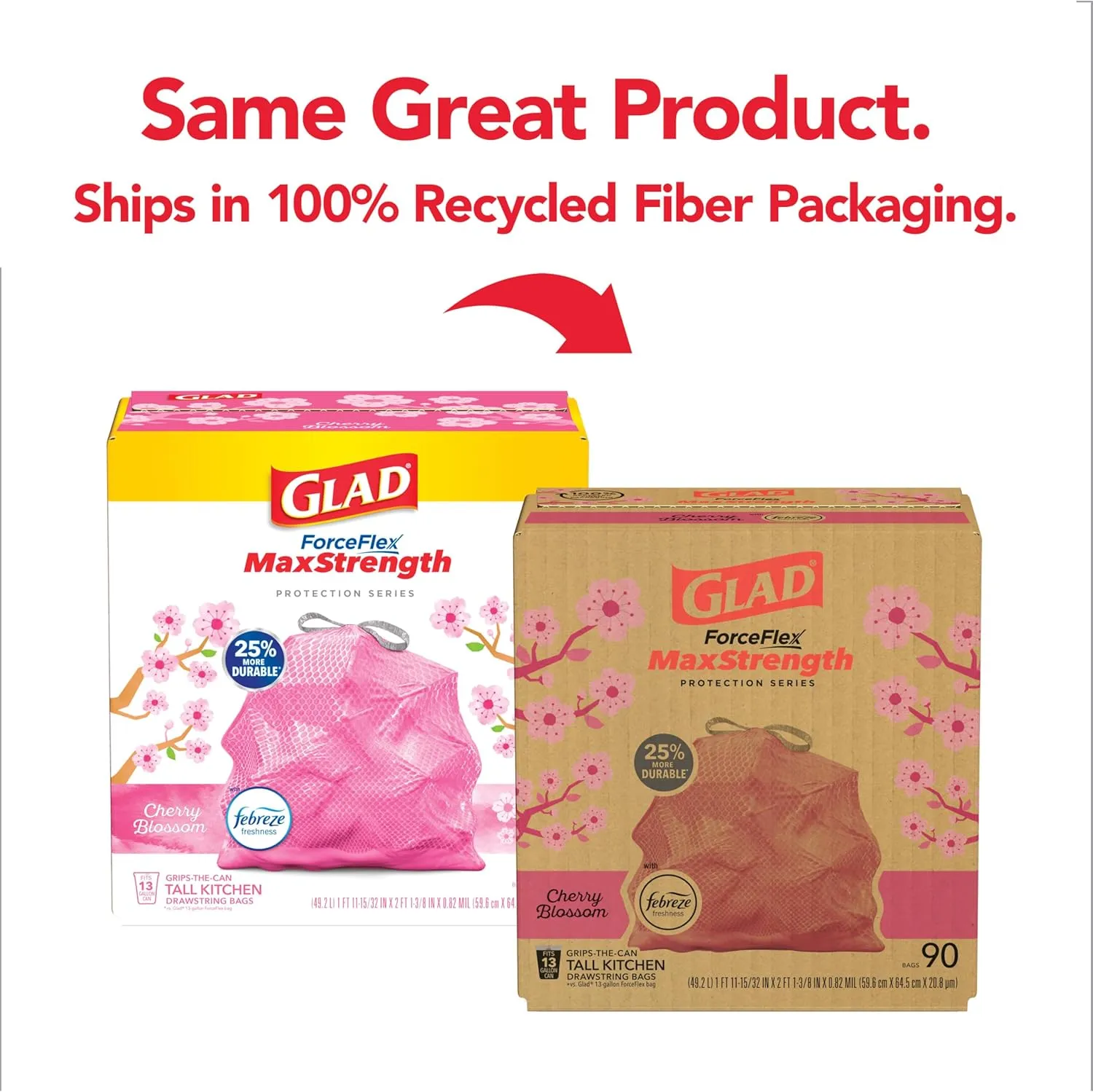 Glad ForceFlex MaxStrength Tall Kitchen Trash Bags, 13 Gal, Cherry Blossom, 90 Ct, Pack May Vary