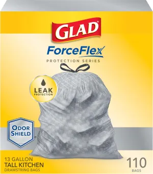 Glad ForceFlex Protection Series Tall Kitchen Drawstring Trash Bags, 13 Gal, 110 Count