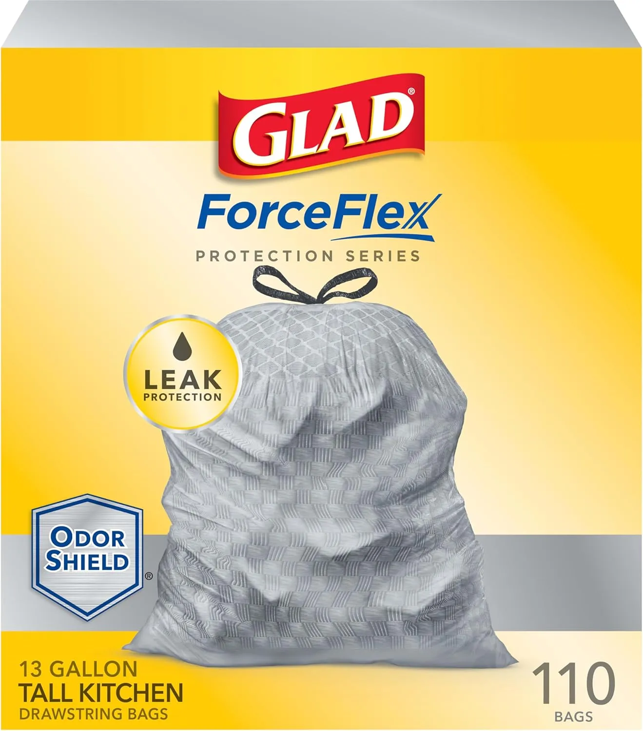 Glad ForceFlex Protection Series Tall Kitchen Drawstring Trash Bags, 13 Gal, 110 Count