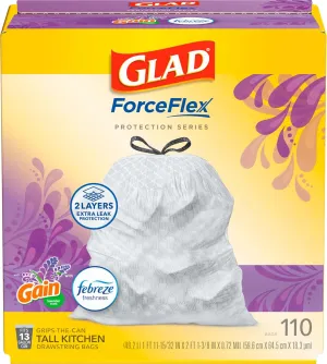 Glad ForceFlex Tall Kitchen Trash Bags, 13 Gal, Gain Lavender, 110 Ct, Pack May Vary