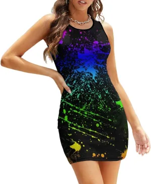Glow in Dark Splatter Neon (8) Summer Dresses for Women 2024 Beach Sundress Women's Sleeveless Dress